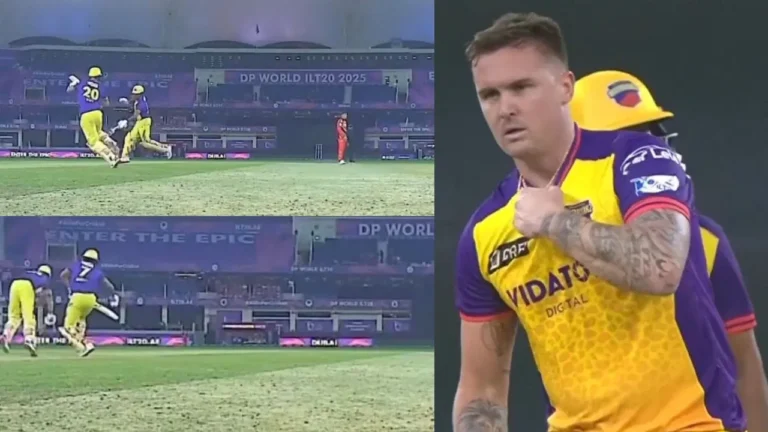 Jason Roy was involved in a horrific mid-pitch clash with Harmeet Singh at ILT20 2025.