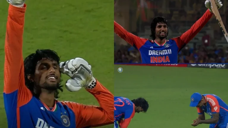 Suryakumar Yadav bows to Tilak Varma after winning the T20I match in Chennai.