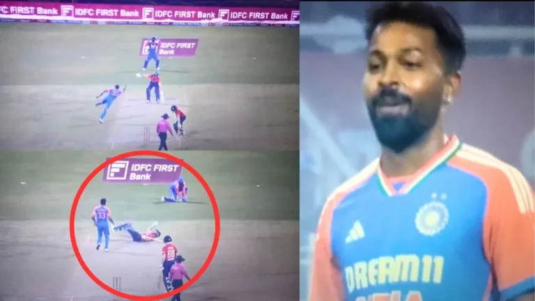 Hardik Pandya throws the ball at a defenseless Jos Buttler as the batting falls during the Kolkata T20I.