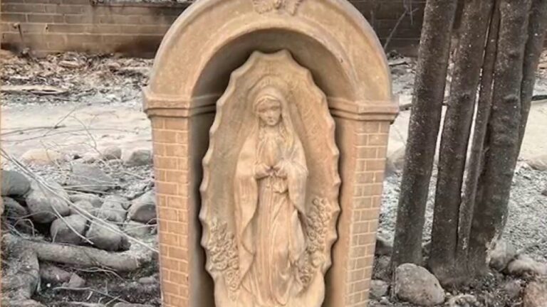 A California family is holding on to the faith after a statue of the Virgin Mary survived a wildfire.