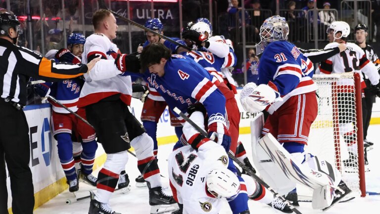 Rangers goaltender Igor Shesterkin clashes with Senators star as game descends into chaos